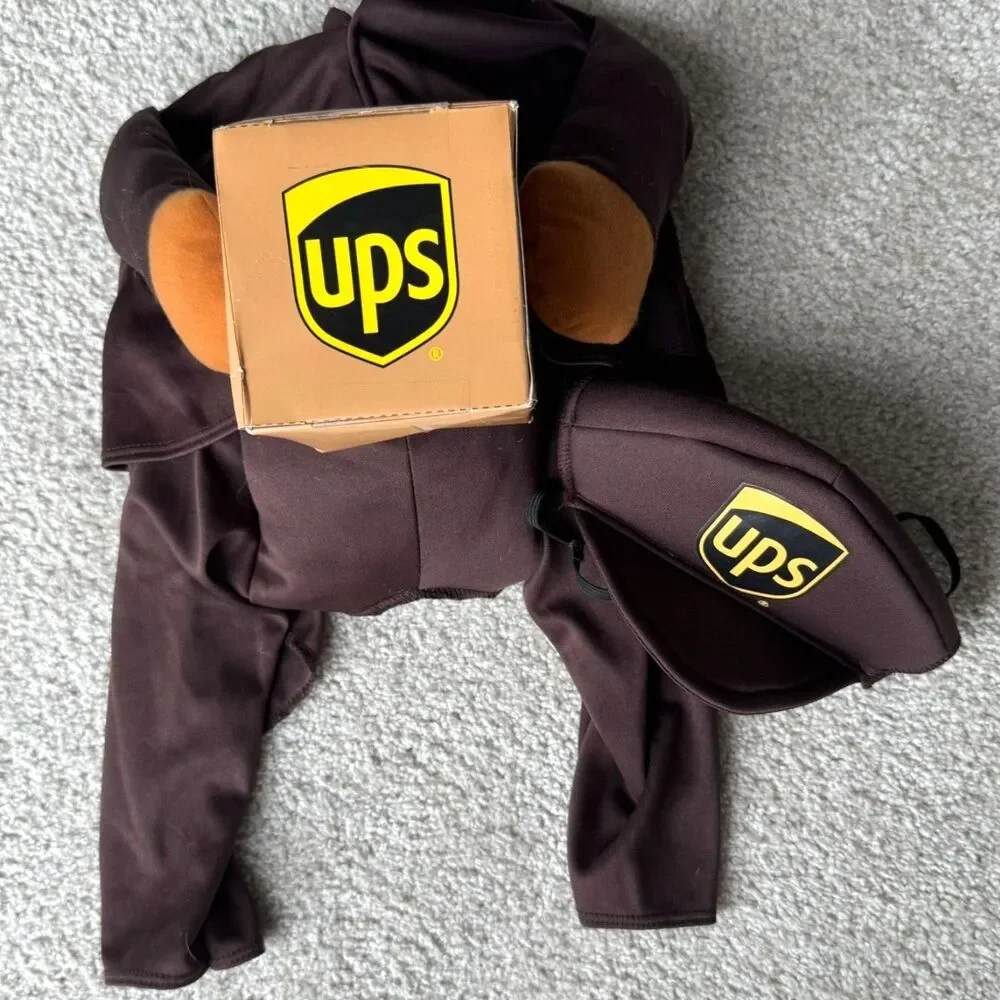 UPS Dog Costume Large Halloween Delivery Driver Shirt Visor Box Pet Costume